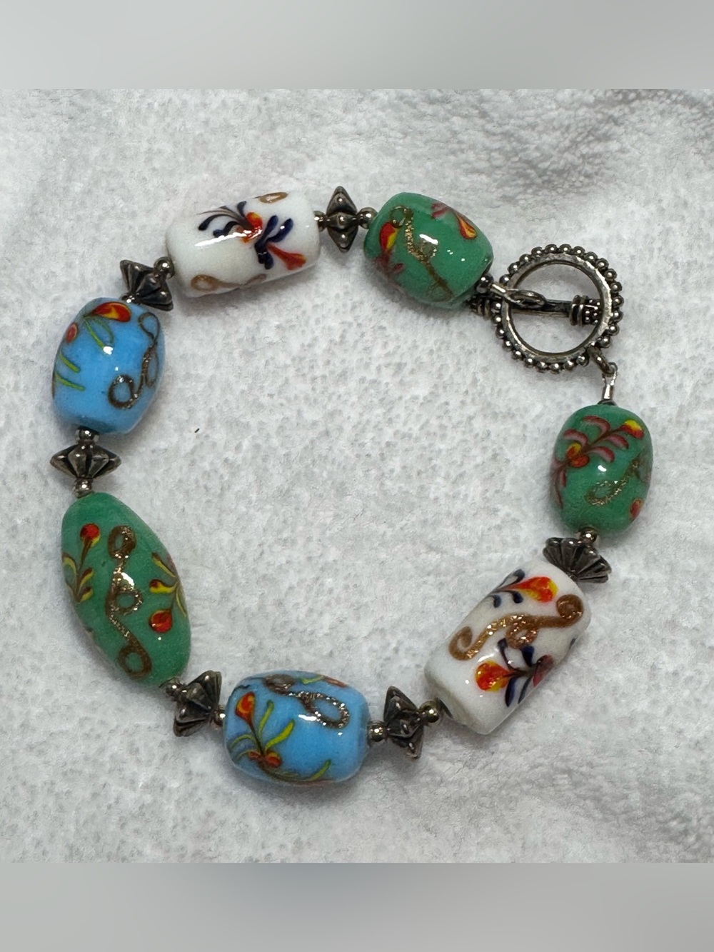 Blue, White & Green Painted Ceramic Beaded Bracelet with Silver-Plated Toggle